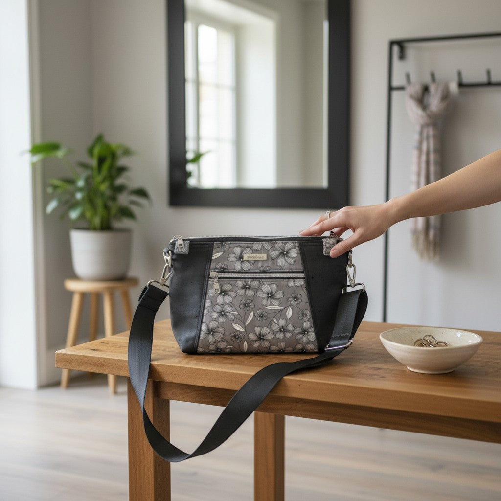 Sunshine Crossbody – Gray Floral Cork