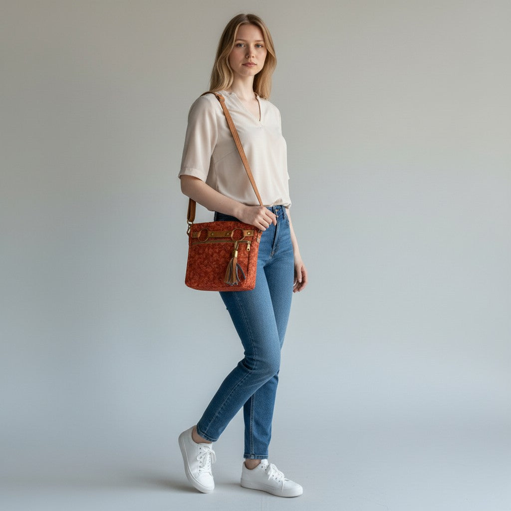 Rust Leaf Crossbody Bag with Brass Ring Detail