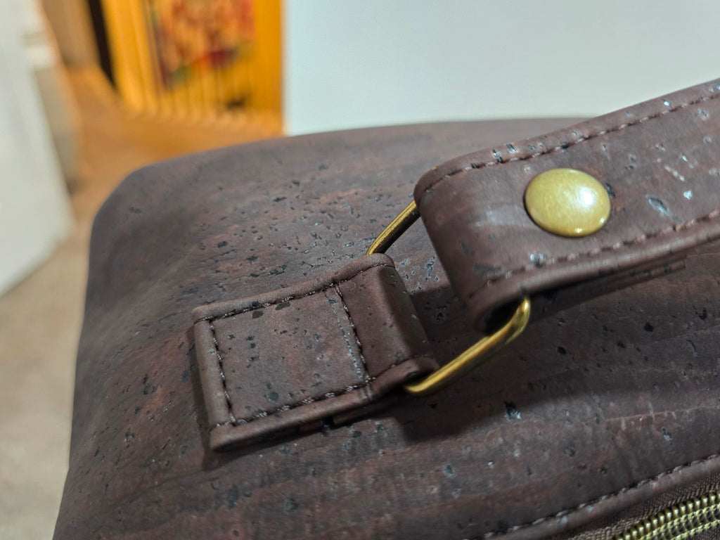 Charles Dopp Kit dark brown cork handle and antique brass hardware detail