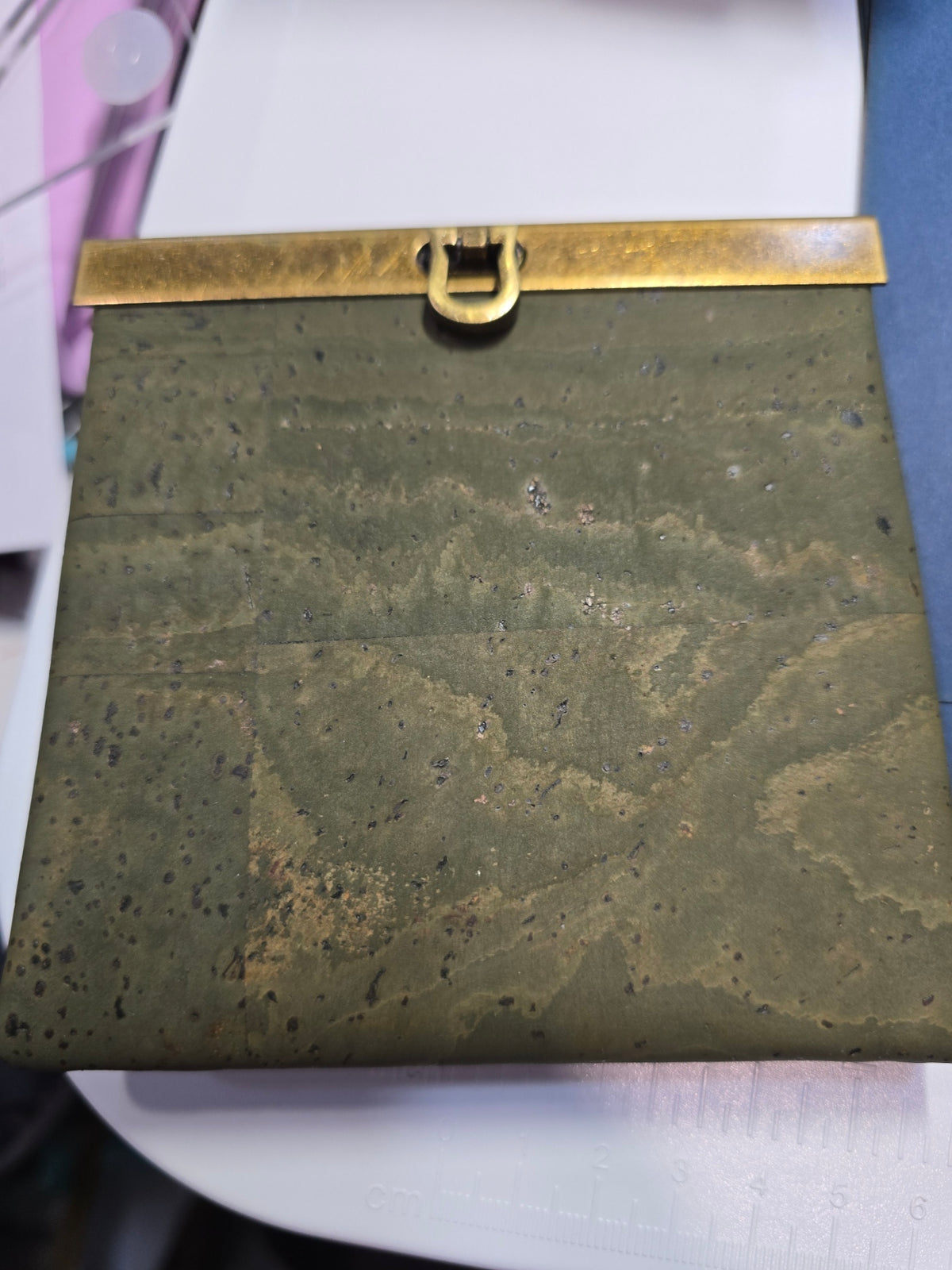 Mini Rozy wallet in olive green cork with antique brass frame hardware