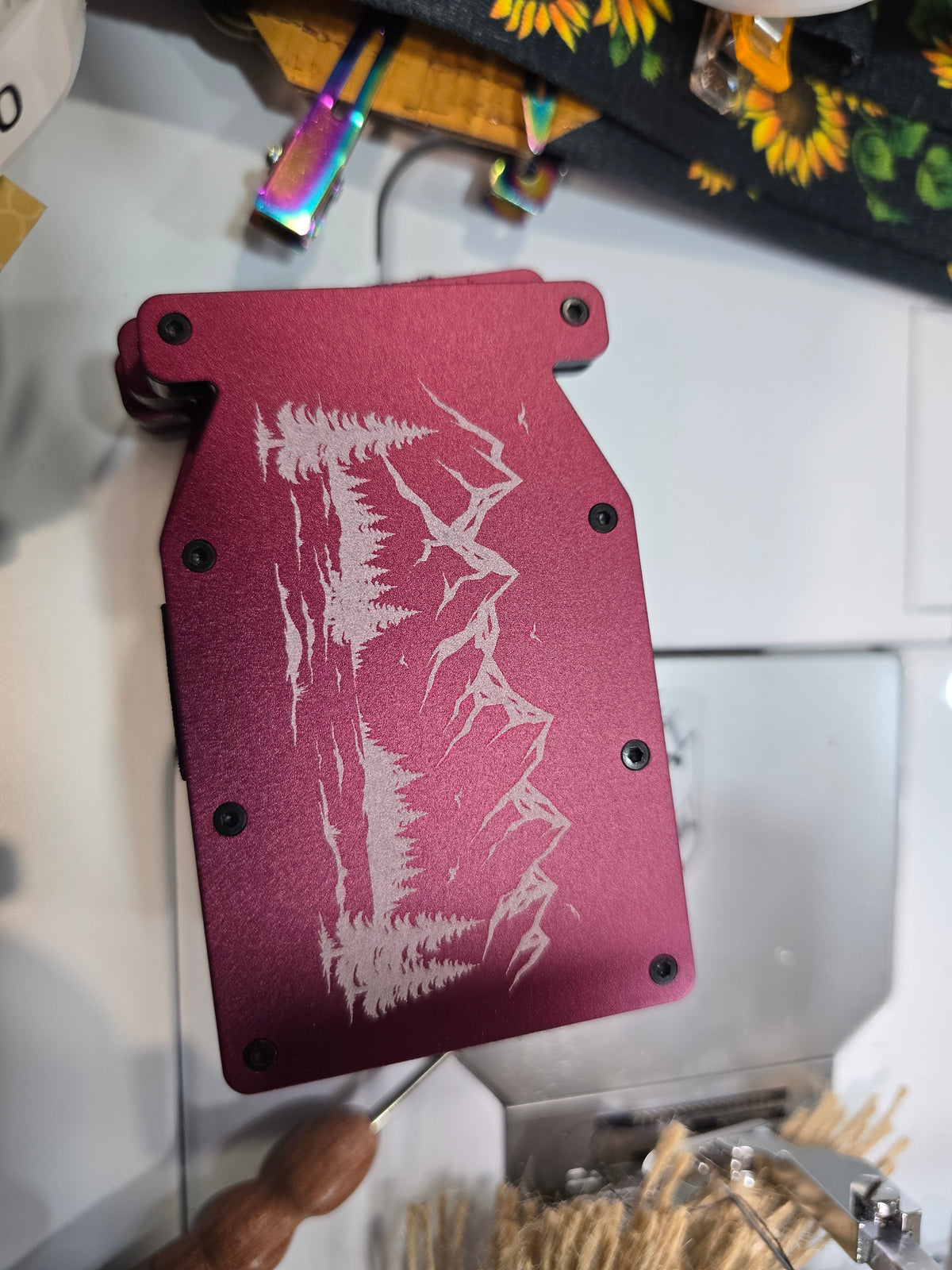 Kindred Carry Man Notch RFID wallet in burgundy with mountain design