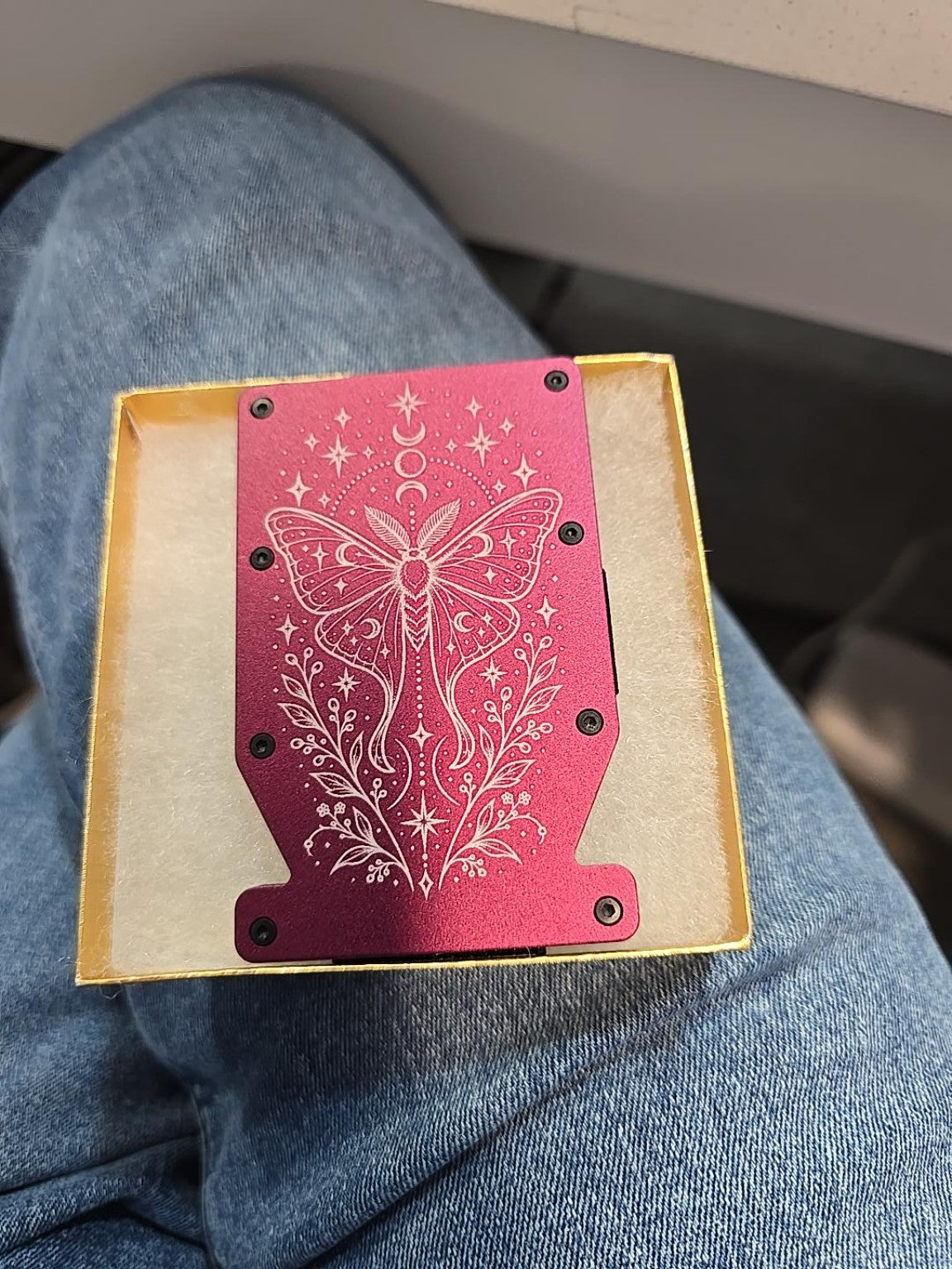 Kindred Carry dark purple metal Notch RFID wallet engraved with lunar moth and crescent moons, in gift box