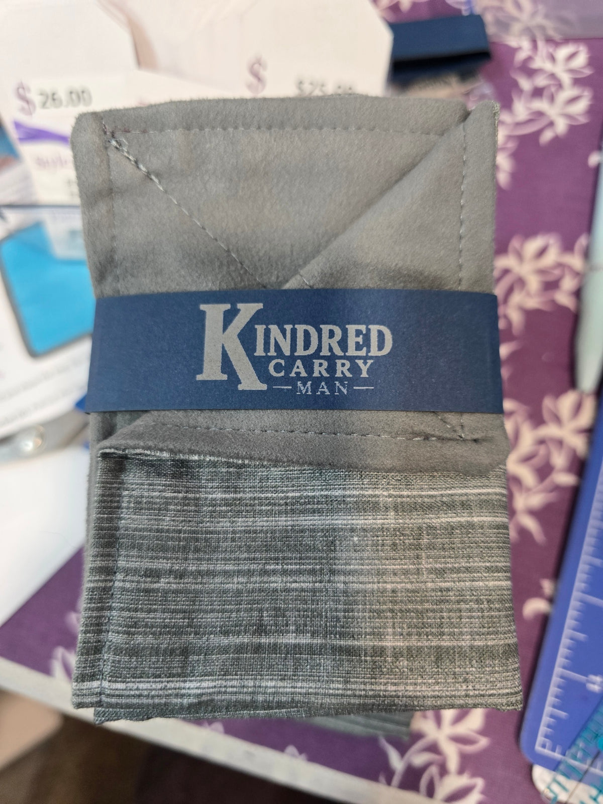 Kindred Carry Man Two-Faced Hank in gray plaid cotton with gray microsuede