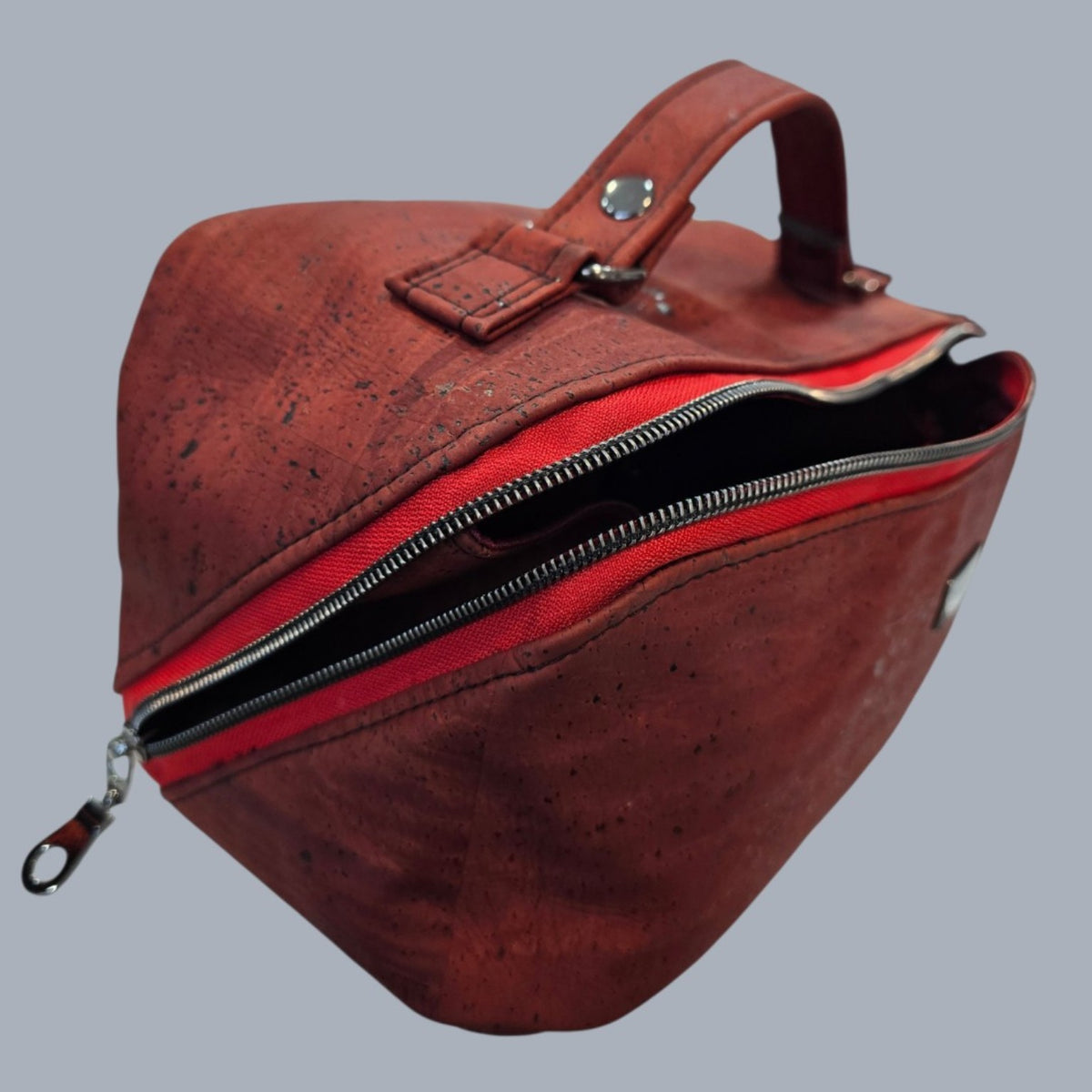Kindred Man Zip-N-Grip Dopp Kit in red cork, angled open view